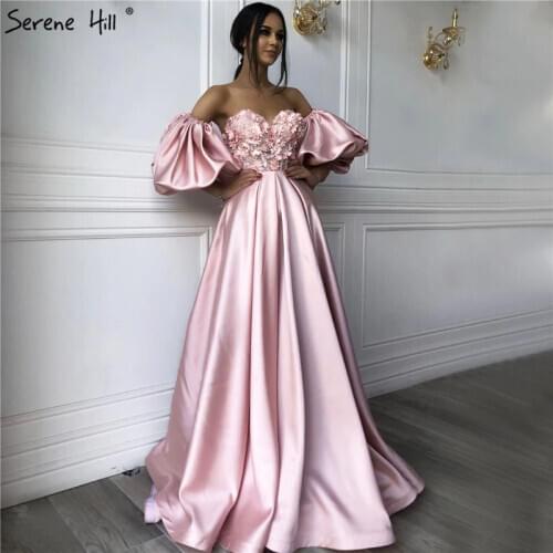 Pink Puff Short Sleeve Sexy Evening Dresses 2020 Off Shoulder Handmade Flowers Beading Formal Dress Serene Hill LA70397