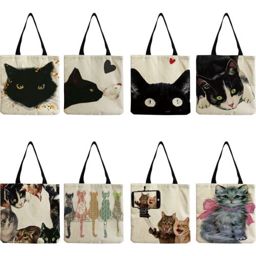 Cute Cartoon New Cat Shoulder Foldable Shopping Bag Japanese Style Animal Printed Bag Pink Storage Tote Bag Large Capacity