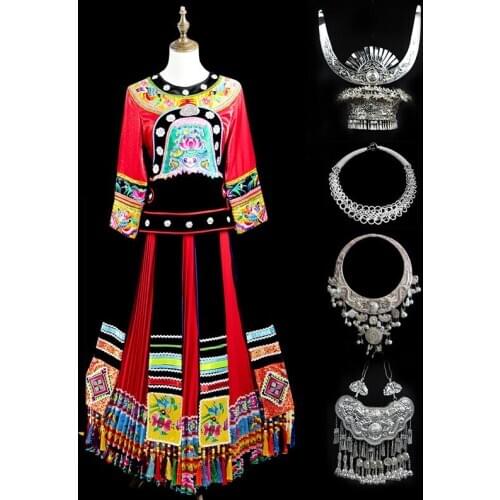 Hmong Wedding Dress Chinese Costumes Hmong Clothes Ethnic Embroidery Dance Performance Costume Adult Women Miao Hat Clothing
