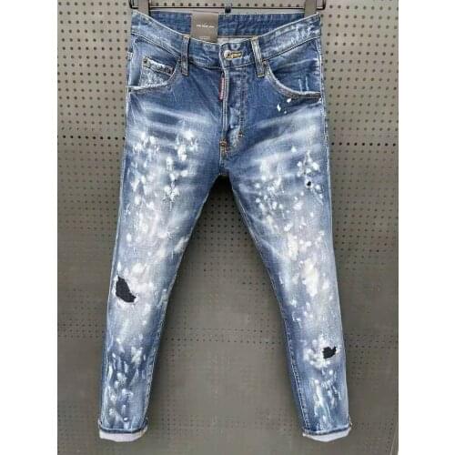 2021 Spring/Summer New DSQUARED2 Mens/Womens Slim Stretch Washable Hole Patch Splash Ink Paint Small Feet Jeans 065