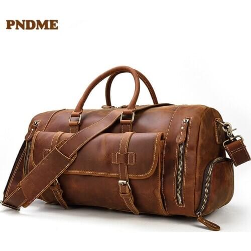 Vintage crazy horse cowhide mens large-capacity travel handbag high-quality natural genuine leather weekend outdoor luggage bag