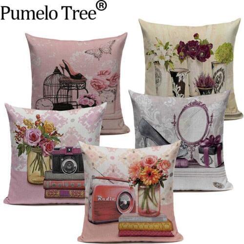 Vintage Decorative Cushion Covers Pink Green Plant Spring Pillow Covers High Quality Flower Sofa Cover For Room Customizable