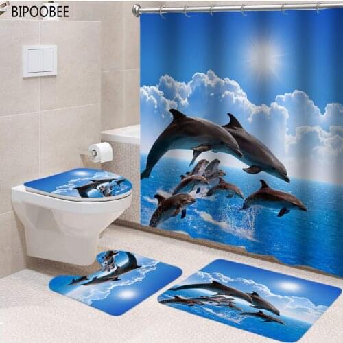 3D Ocean Dolphin Shower Curtain Waterproof Fabric Bathroom Curtains Sea Animals Toilet Lid Cover Non-Slip Carpet Bath Mats Rugs