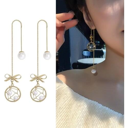 Japan and South Korea version of the temperament 2019 new bow pearl long tassel ear line dream catcher earrings