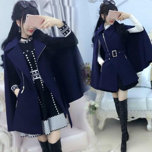 Women Cape Coats Dark Blue British Zip Cloak Woolen Cloth Jacket Female 2021 Autumn Winter Thick New Outwear Belt Poncho Femme
