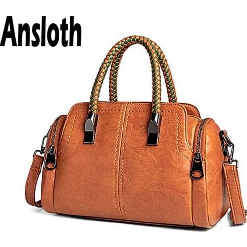 Ansloth Oil Wax Leather Handbag For Women Solid Color Barrel-shaped Bag Lady Weave Handle Bag Female Large Capacity Bag HPS641
