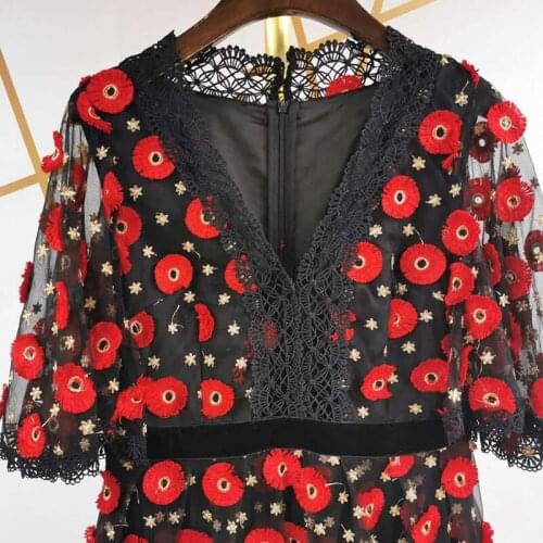 Quality Red Flower High Embroidery Women 2021 Spring Summer Runway Fashion Flare Sleeve V-Neck Maxi Party Dress