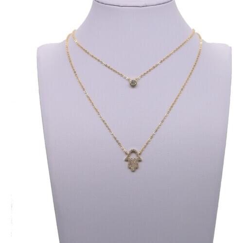 100% real 925 sterling silver lucky hamsa hand charm with single cz choker Necklace Double layer gold chain for women gift
