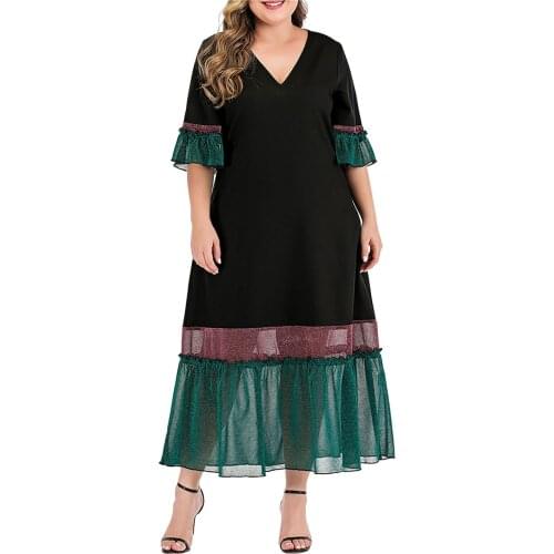 Plus Size Dresses For Women Party Womens Fashion Casual V-neck Collision Color Splicing Ruffle Large Size Dress Vestidos Mujer