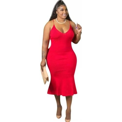 Red Trumpet Dress Midi Women Sexy Spaghetti Strap Sleeveless Knitted Ribbed Bodycon Street Style Office Lady Dress 4XL Plus Size