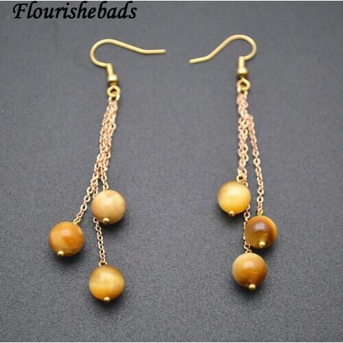 Gold Tiger Eye Stone Round Beads Multi Rows Linked Chains Earrings Fashion Jewelrys