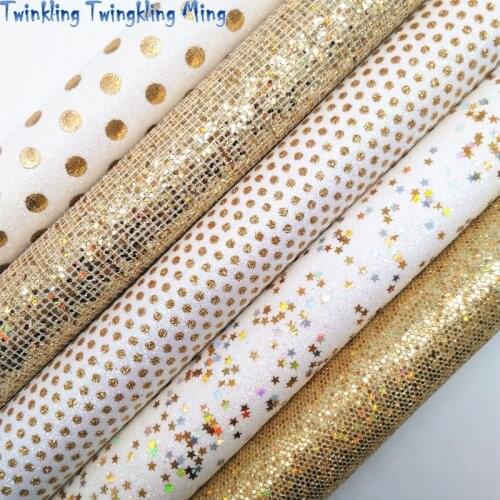 White Glitter Leather Fabric with Stars Polka Dots, Iridescent Mesh Glitter Fabric Sheet For Bow 21x29CM Twinkling Ming KM392