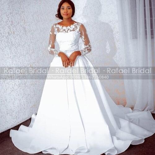 White Puffy A Line Wedding Dress With Appliques Sheer Long Sleeves 2021 Sweep Train Illusion Neck Bridal Dresses