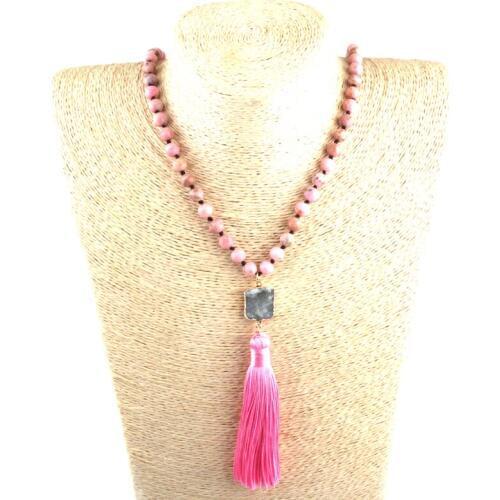 Free Shipping Fashion Yoga Jewelry Pink Stone Square Druzy Charm Pendant Bohemian Tribal Jewelry Long Tassel Necklace