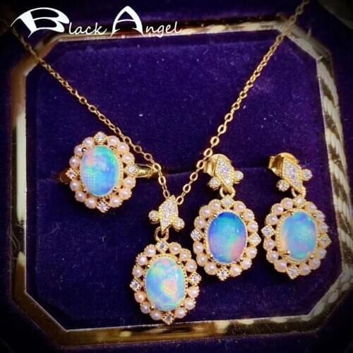 BLACK ANGEL 2021 New 18K Shiny Oval Opal Gemstone CZ Pendant Necklace Stud Earrings Resizable Ring For Women Wedding Jewelry Set