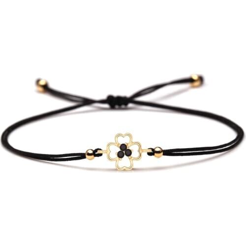 Black Cubic Zirconia Crystal Four Leaf Clover Luck Charm Bracelet Women Girl Dainty Small Copper Flower Grey Brown Cord Jewelry