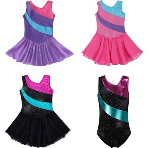 3 Colors Girls Gymnastics Leotard Dress Ballet Dancewear Girls Tulle Skirts Sleeveless Rainbow Sparkle Tutu Dress Costumes