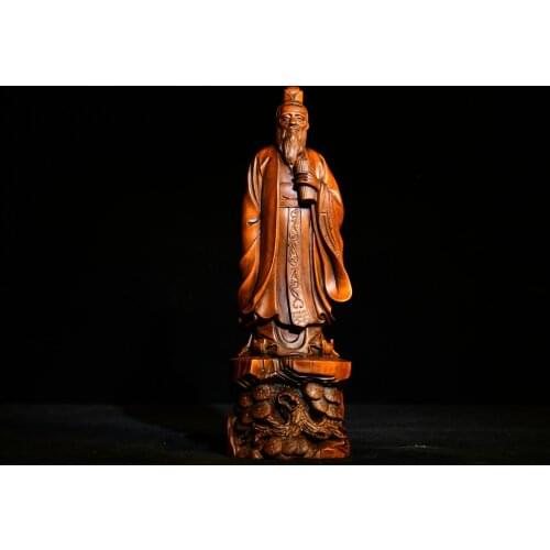 8" China Lucky Old Boxwood Hand-carved Confucius statue Founder of Confucian School Confucius Institute thinker Office Ornaments