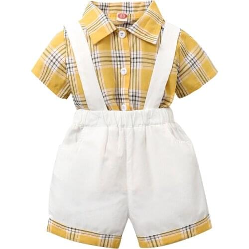 Newborn Baby Boys Plaid Short Sleeves Shirt Suspenders Short 2Pcs Overalls Infants Sets Outfits Gentleman Summer Clothing D30