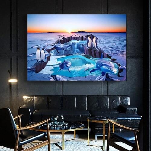 Cute Animal Dolphin Swimming Penguin Girl Childrens Room Home Decoration Blue Ocean Oil Painting Canvas Wall Art Poster Mural