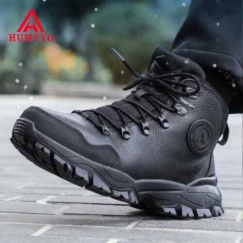 HUMTTO Mens Genuine Leather Waterproof Snow Boots Outdoor Plush Hiking Shoes Climbing Anti-skid Trekking Shoes Tactical Boots