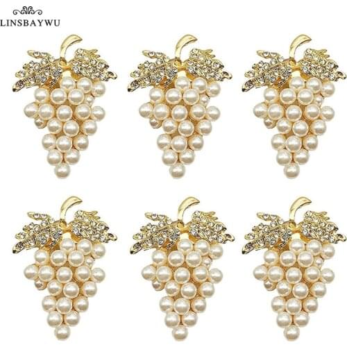 6PCS Grapes Napkin Rings Set with Glittering Imitation Diamond and Pearls Inlay Alloy Napkin Ring Holder Parties Table Decro New
