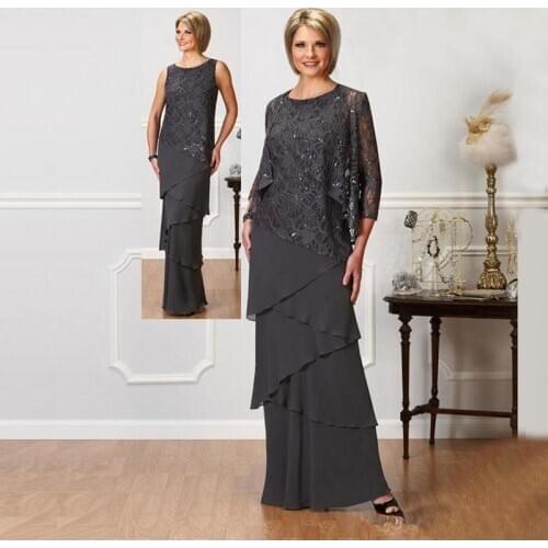 New Arrival Elegant Gray Chiffon Lace O Neck Mother of the Bride Dresses With Removable Jacket Wedding Party Gowns Tier Skirt