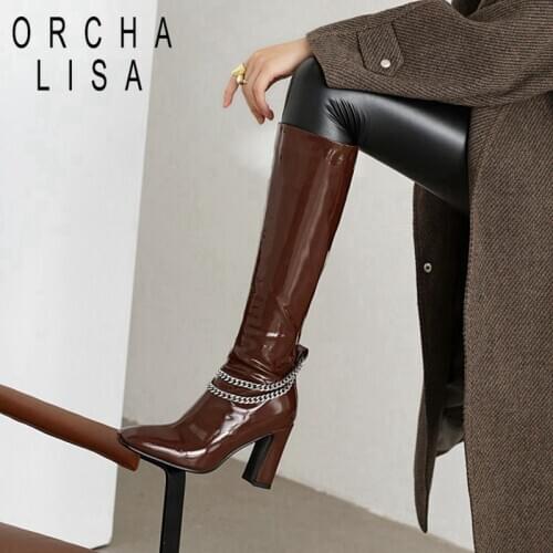 ORCHALISA Winter Knee-high boots Square toe Chunky heels Patent leather Zipper Solid Chain Metal Big size 34-48 Red Casual C2043