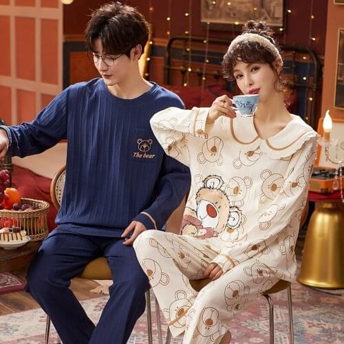 Autumn Winter Men Women Pajamas Set Long SLeeve Cotton Loose Homewear Cartoon Bears Cute Women Sleepwear Plus Size Men Pajamas