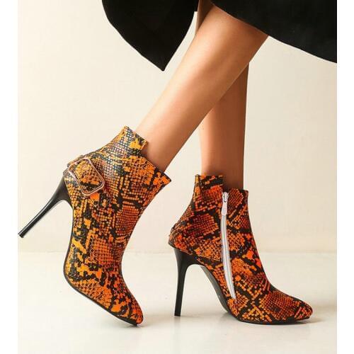 2020 winter autumn sexy thin high heels womens boots snakeskin printed yellow orange womans shoes big size 35-48 ankle boots