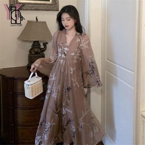 Leak Back Floral Print Lace-Up Waist Long Sleeve Boho Dresses Loose Female Party Vestidos Vintage Casual Elegant Ladies Robes