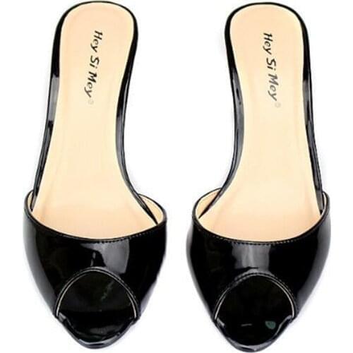 Women Sandals 7CM Thin High Heels Summer Brand Party Shoes Patent Leather Slip On Peep Toe fashion Dress Party shoes women 2020