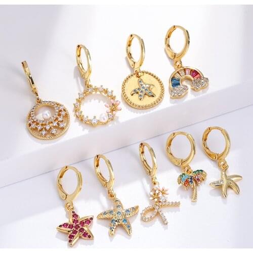 Rainbow Hoop Earrings Cubic Zircon Animals Plant Dangle Earrings Gold Star Tree Ear Rings for Female 2021 Trend Korean Fashion