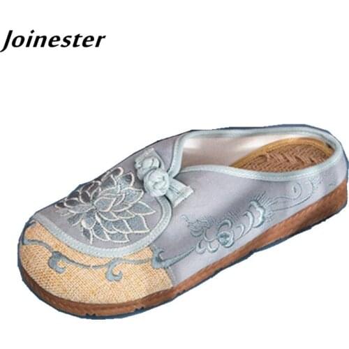Hemp Toe Women Summer Slippers Flower Embroider Retro Outdoor Mules for Female Casual Canvas Loafers Ladies Vintage Slides
