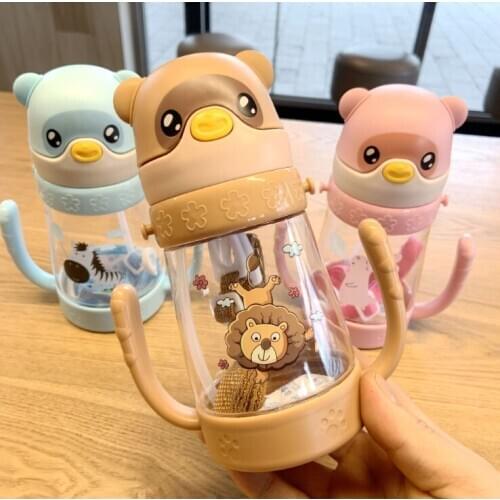 Kids Children Cartoon Animal School Drinking Water Straw Bottle Straw Sippy Baby Cup With Shoulder Strap 400ml