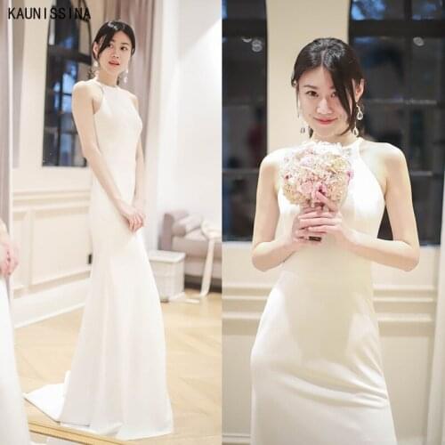 KAUNISSINA Halter Neck Mermaid Wedding Dresses Romantic Satin White Marriage Dress Sweep Train Bridal Gowns Vestidos De Noiva