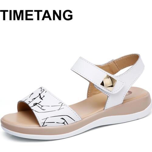 TIMETANG 2021 Women sandals summer genuine leather flat sandals ankle strap flat sandals ladies white peep toe flipflops shoes