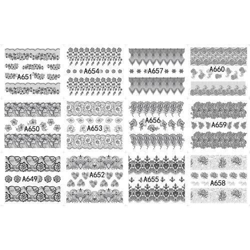 UPRETTEGO 12 PACKS / LOT NAIL ART BEAUTY WATER DECAL SLIDER NAIL FULL COVER BLACK FLOWER LACE SWEET HEART PETAL A649-660
