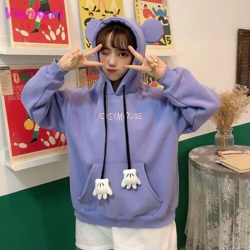 Womens Solid Color Hooded Sweatshirt With Ears On Hood Loose Hoodies 2021 Spring Long Sleeve Sweet Style Girl Pullovers