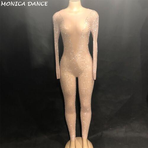 Womens Sparkly Silver Rhinestones Mesh Jumpsuit Singer Dancer Party Luxurious Perspective Stage Wear Birthday Celebrate Outfit