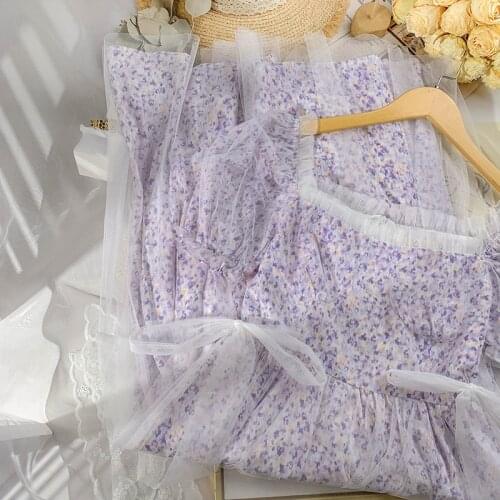 2021 Summer Flower Fairy Dresses Women Korean Style Puffer Sleeve Evening Party Dress Bandage Design Kawaii Y2k Dress Lace Up