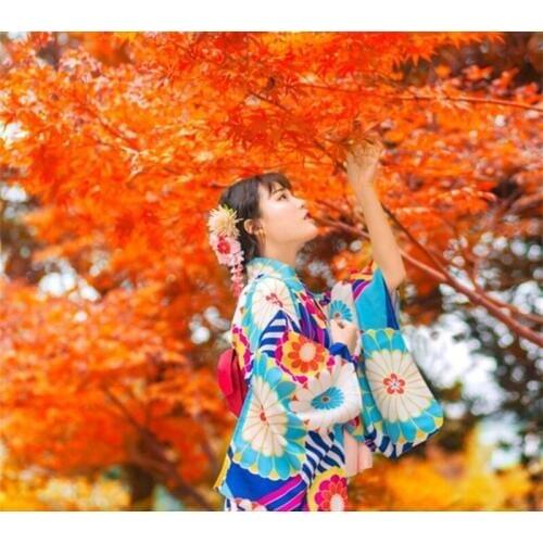 Womens Yukata Traditional Japan Kimono Robe Photography Dress Cosplay Costume blue Color flower Prints Vintage Clothing