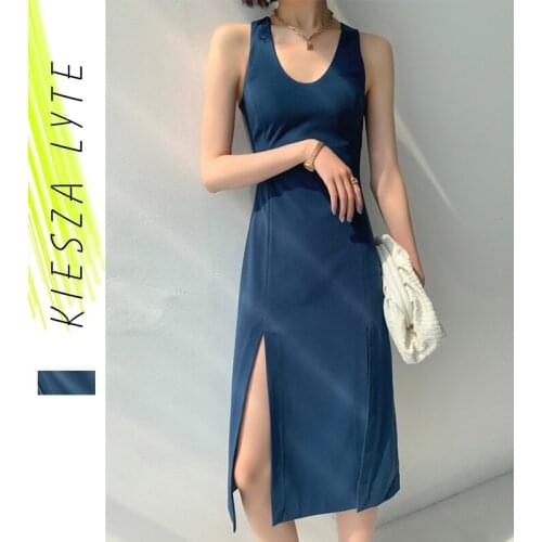 Sexy Elegant Bodycon Dress 2020 Summer Solid Blue Slit Office Lady Elegant Sleeveless Celebrity Party Club Dresses Vestido