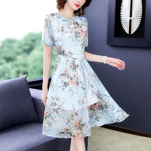 2021 Blue Print Chiffon Midi Dresses Spring Summer New 2XL Plus Size Vintage Runway Dress Elegant Women Bodycon Party Vestidos