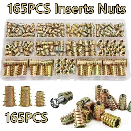 165PCS Threaded Inserts Nuts, Wood Insert Assortment Tool Kit, M4/M5/M6/M8 Furniture Screw Inserts Bolt Fastener