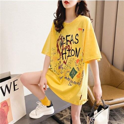 2021 Women Summer T Shirt Graffiti Pattern Haif Sleeves Loose long Style Cotton T-shirt