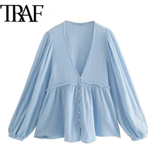 TRAF Women Fashion With Buttons Ruffled Blouses Vintage V Neck Long Sleeve Female Shirts Chic Tops