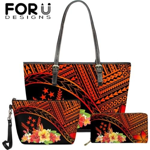 FORUDESIGNS Kosrae Polynesian Hibiscus Print Crossbody Bag for Ladies 3Pcs/Set Leather Handbag Shoulder Bags Purses Female Gifts