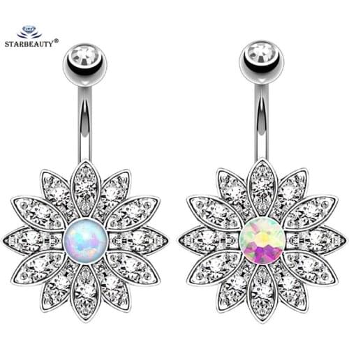 1pc White Opal Lotus Belly Piercing Belly Button Rings Navel Piercing Ombligo Stainless Steel Jewelry Belly Ring Pircing Earring