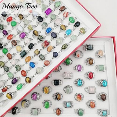 Fashin 20Pcs Natural Stone Rings Retro Pine Band Multicolor Imitation Silvery Couple Gem Ring Mixed Style for Women Mens Jewelry